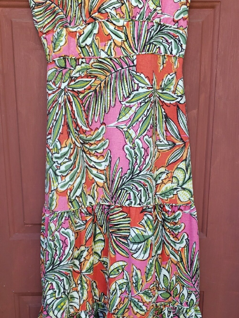 C&C California Pink & Orange Tropical Print Maxi Tiered Linen Blend Dress- L - Picture 11 of 13